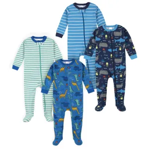 4-Pack Boys Dinosaurs & Sea Snug Fit Footed Cotton Pajamas