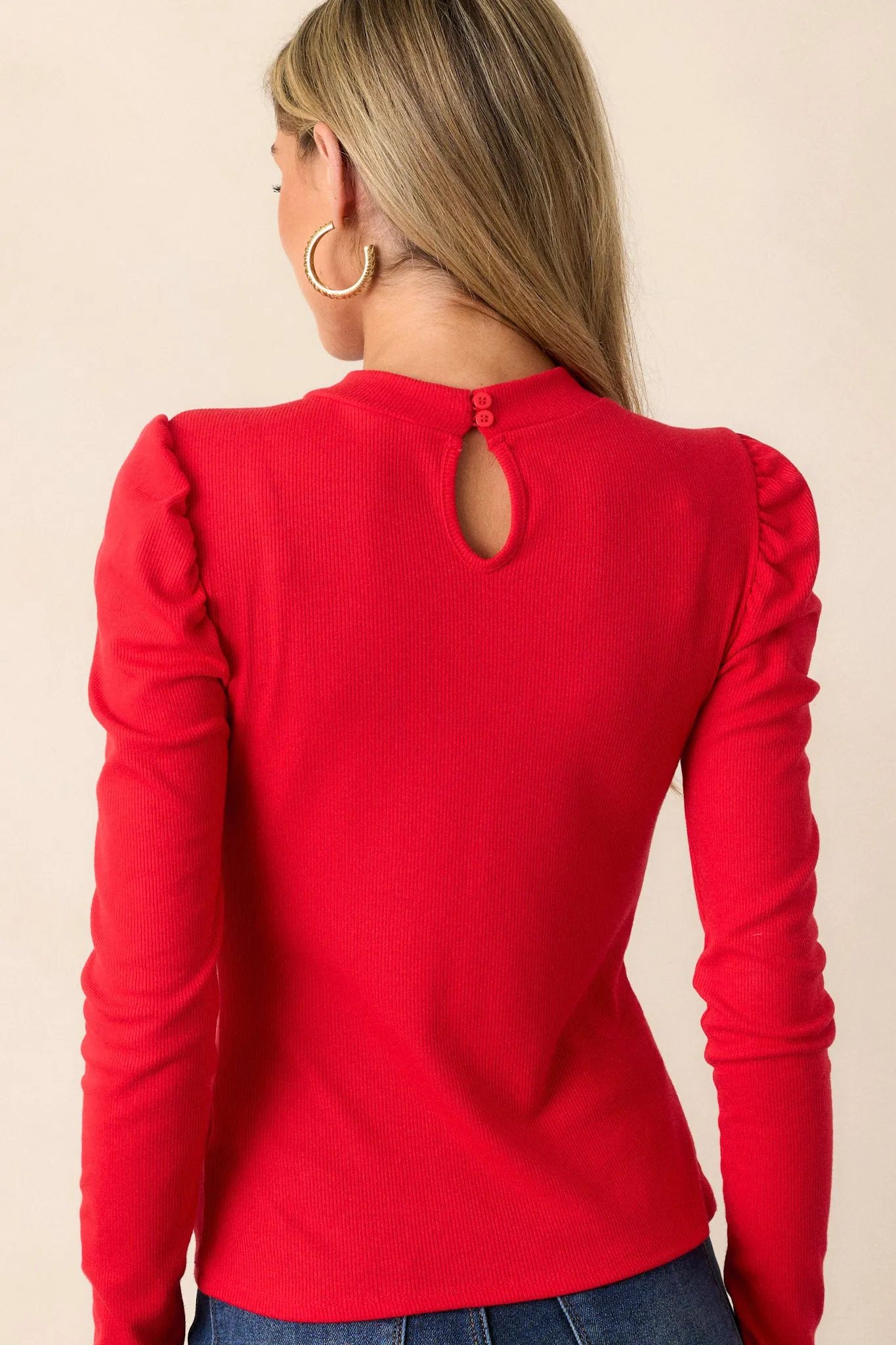 Chic Minimalist Long Sleeve Ribbed Red Top