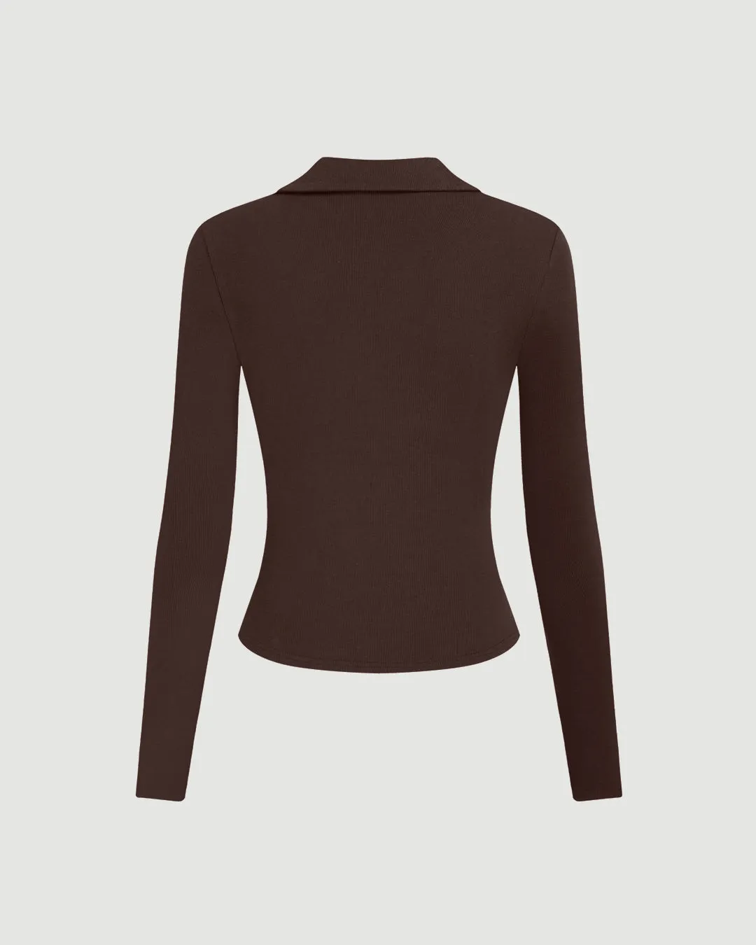 Collar Button V-Neck Long Sleeve Top In Chocolate Brown