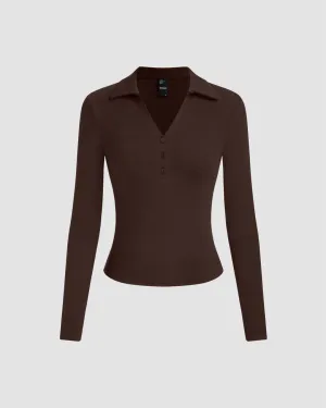 Collar Button V-Neck Long Sleeve Top In Chocolate Brown