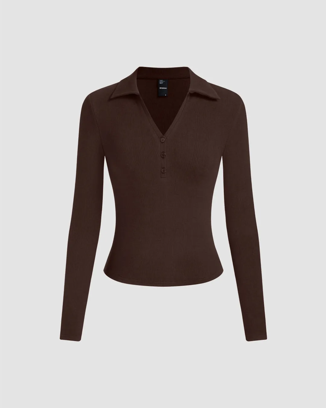 Collar Button V-Neck Long Sleeve Top In Chocolate Brown