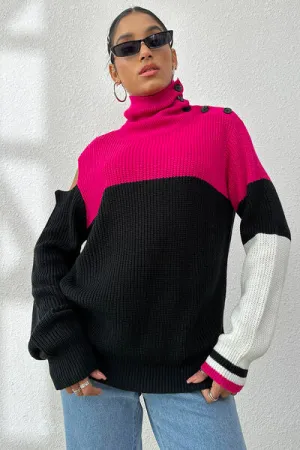 Contrast Buttoned Cutout Long Sleeve Sweater