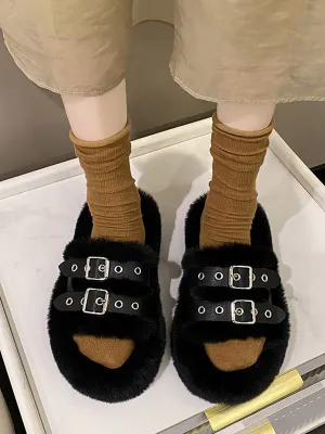 Double Buckle Furry Slippers