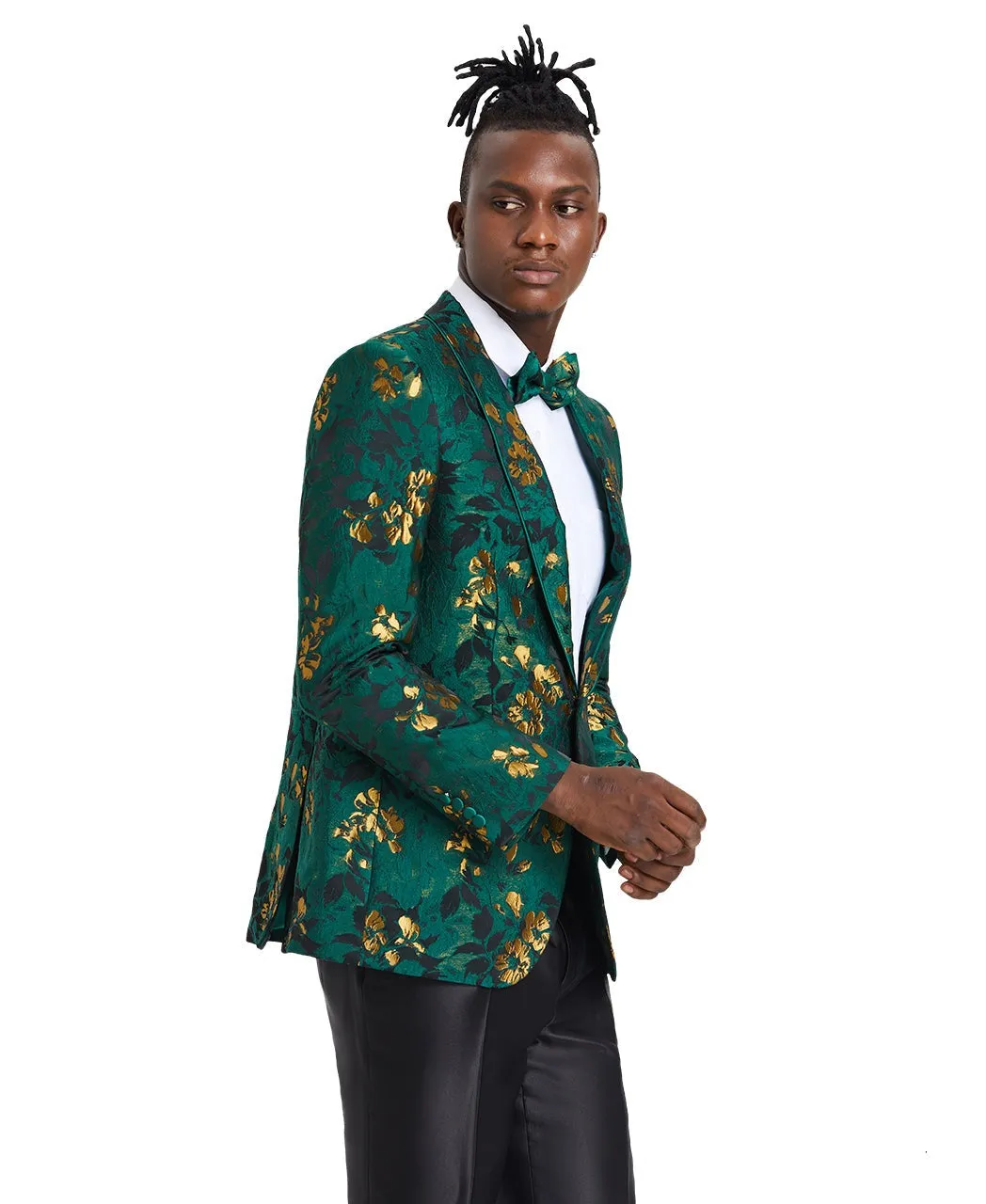 Emerald Green & Gold Floral Prom Blazer with Matching Bowtie