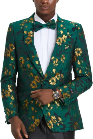 Emerald Green & Gold Floral Prom Blazer with Matching Bowtie