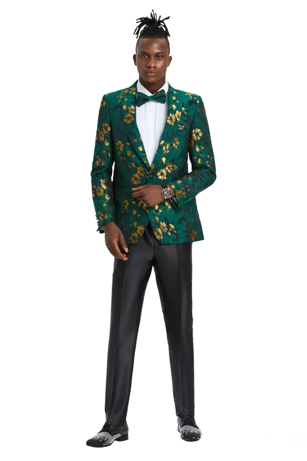 Emerald Green & Gold Floral Prom Blazer with Matching Bowtie