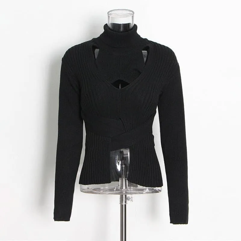 Hollow high neck tie elastic slim short sweater