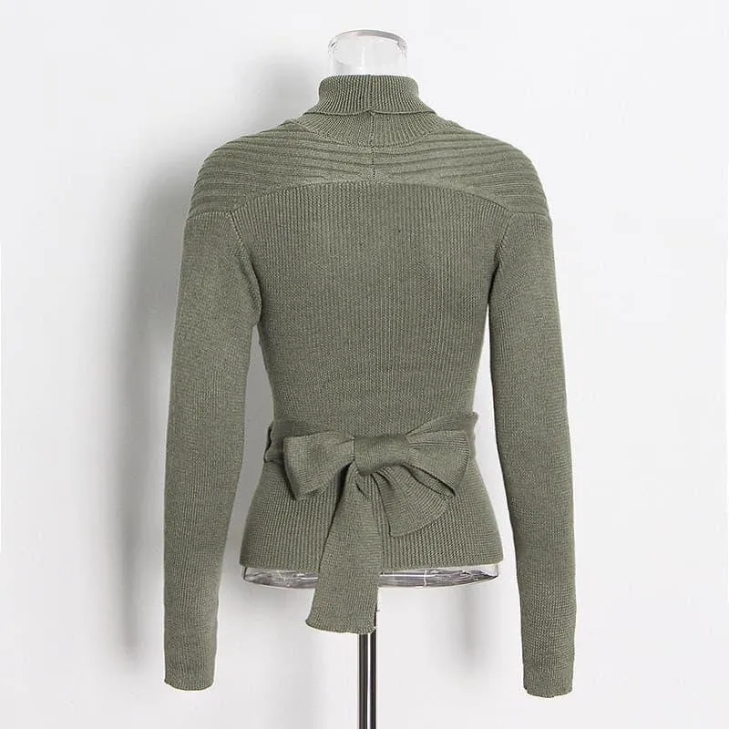 Hollow high neck tie elastic slim short sweater