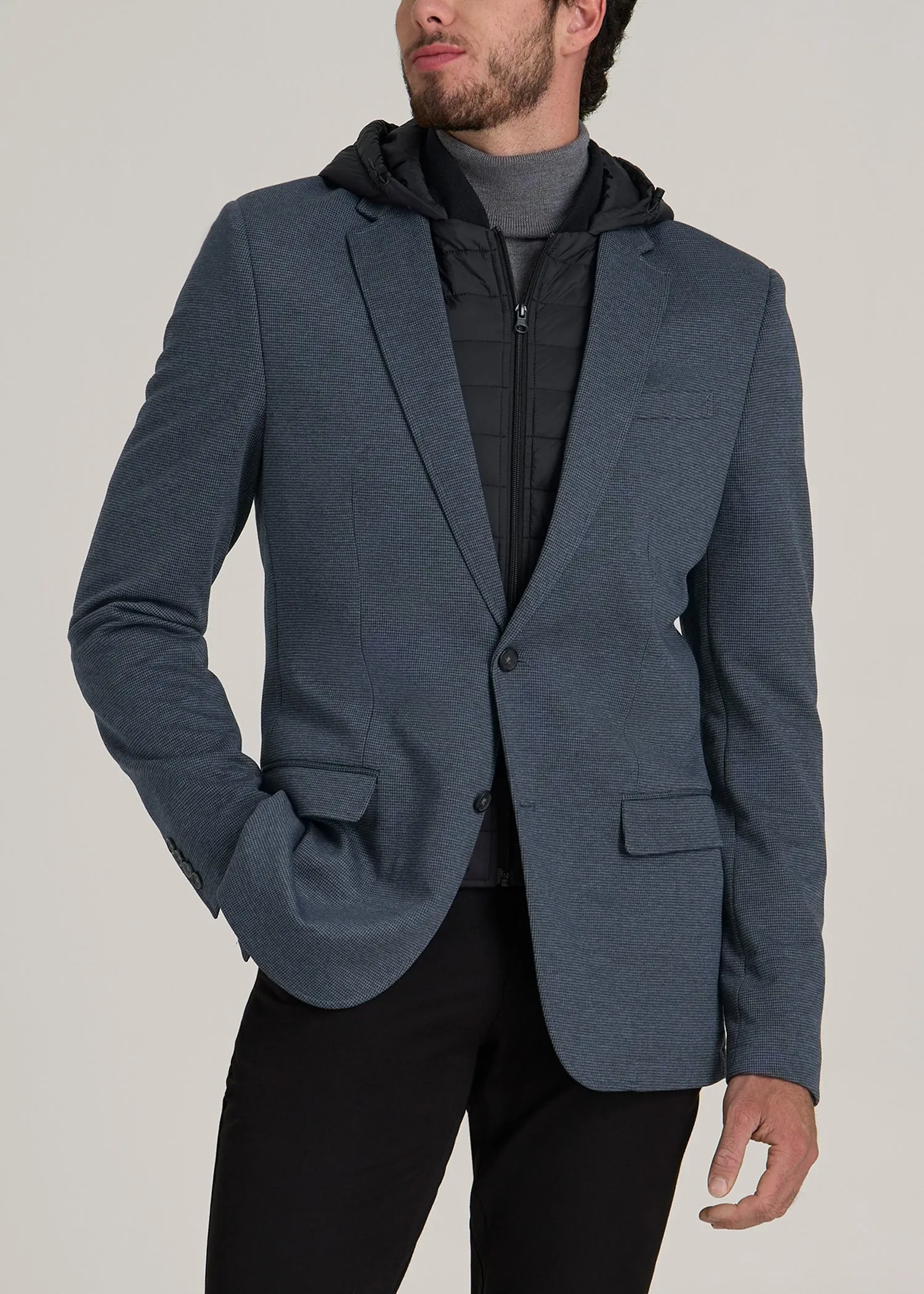 Hooded Bib Blazer for Tall Men in Black and Grey Houndstooth