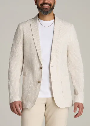 Stretch Seersucker Blazer for Tall Men in Off White and Beige Stripe