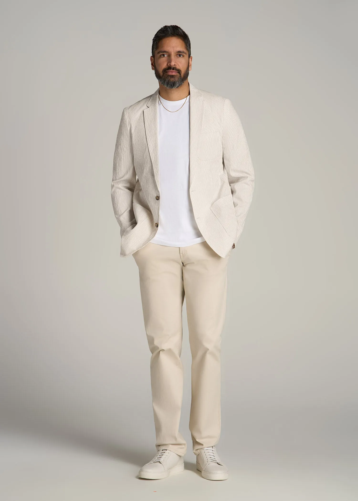 Stretch Seersucker Blazer for Tall Men in Off White and Beige Stripe