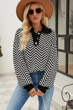 Striped Collared Neck Buttoned Pullover Sweater