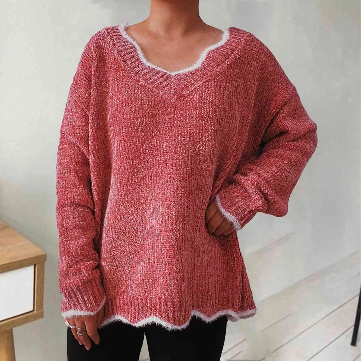 V-Neck Drop Shoulder Long Sleeve Sweater